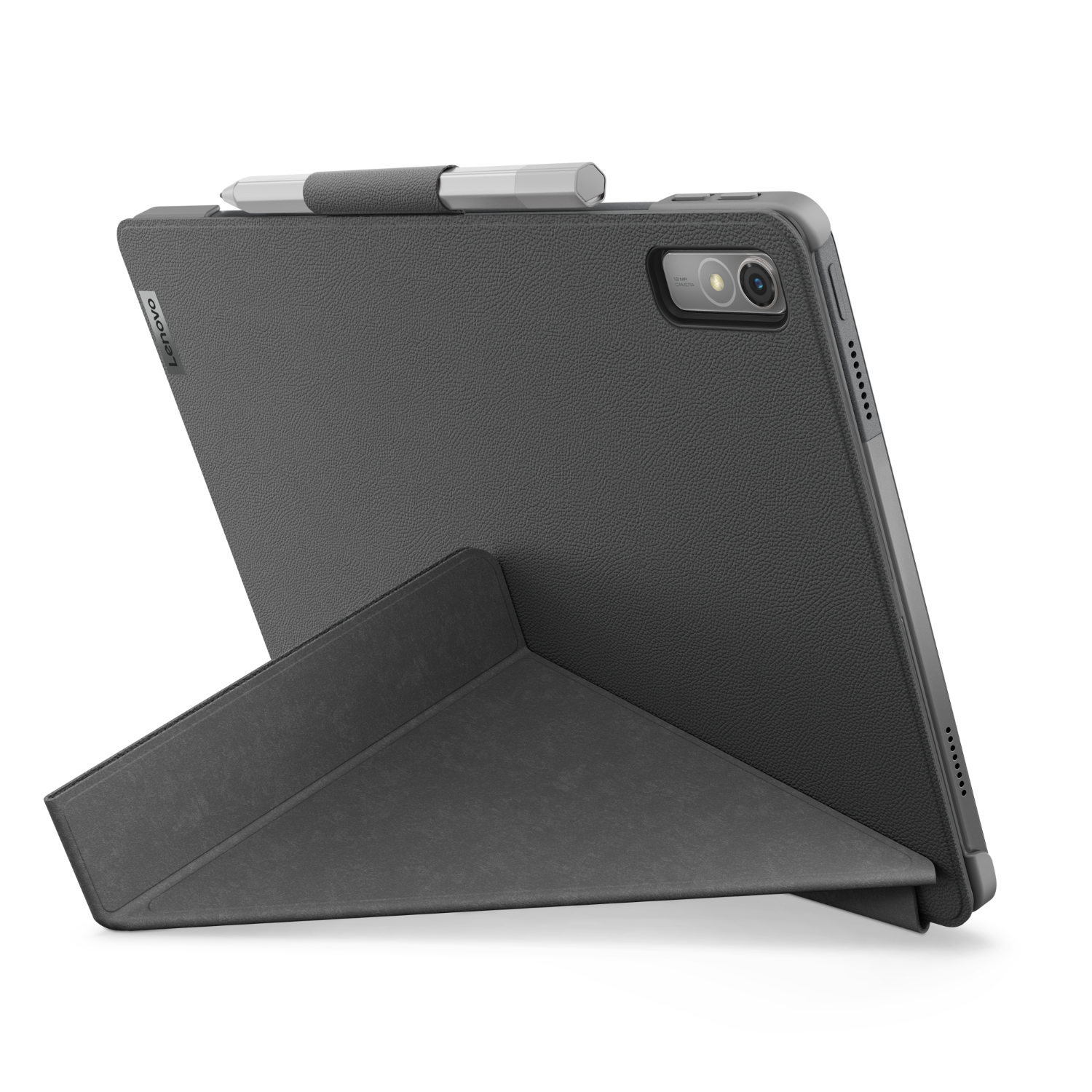 Een grijze tablet met pen, staand met de achterkant en standaard open.