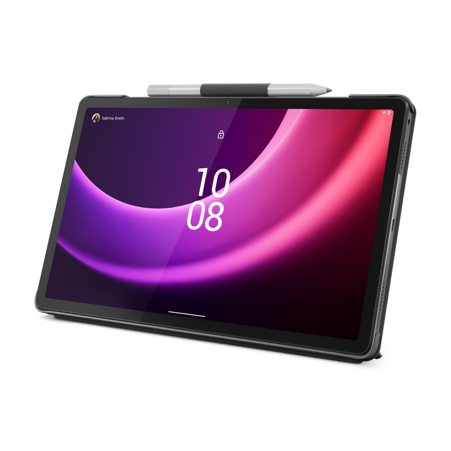 Een zwarte tablet met een pen, met een kleurrijk scherm, op een donkere achtergrond.