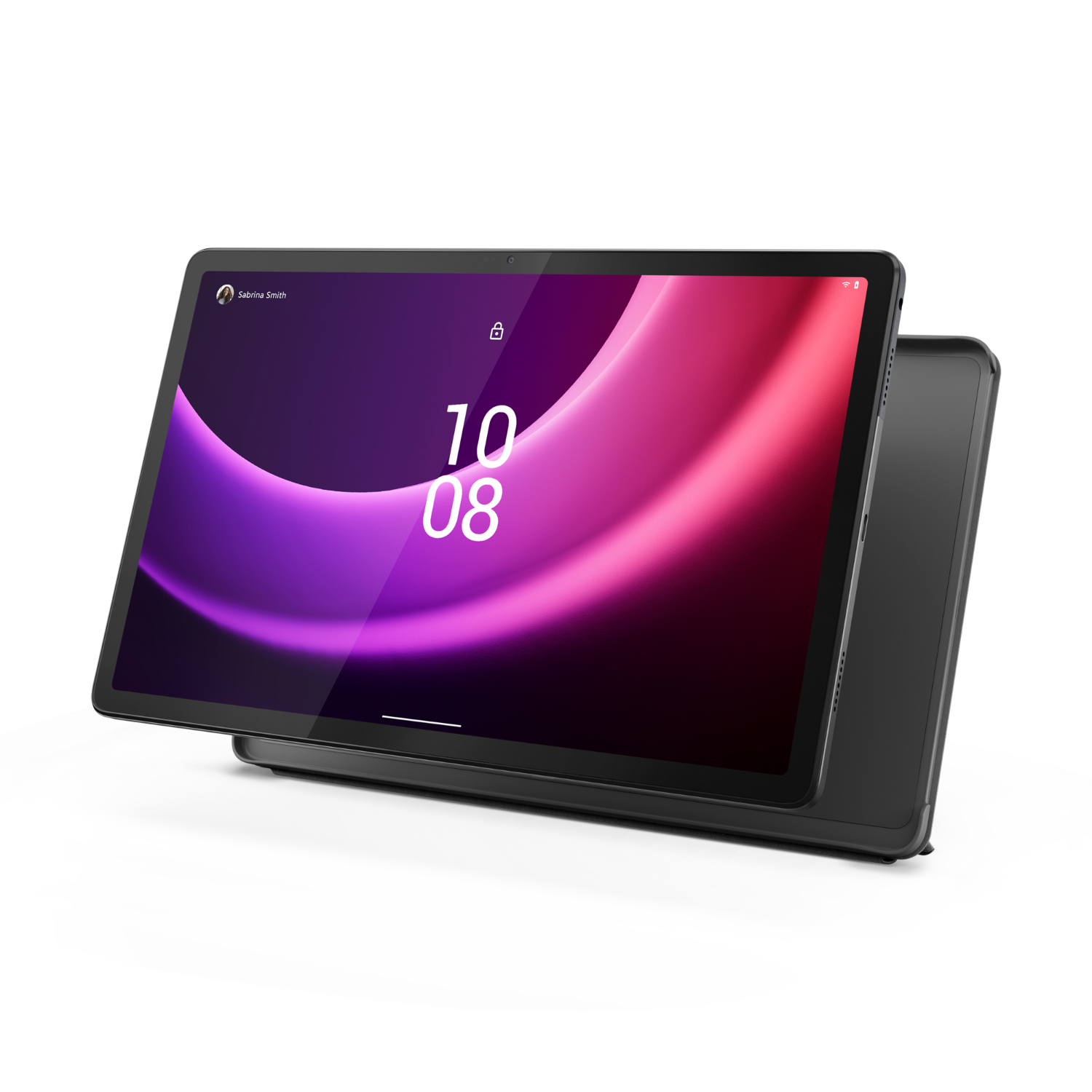 Een tablet met een zwart frame, met een kleurrijke interface met de tijd 10:08.