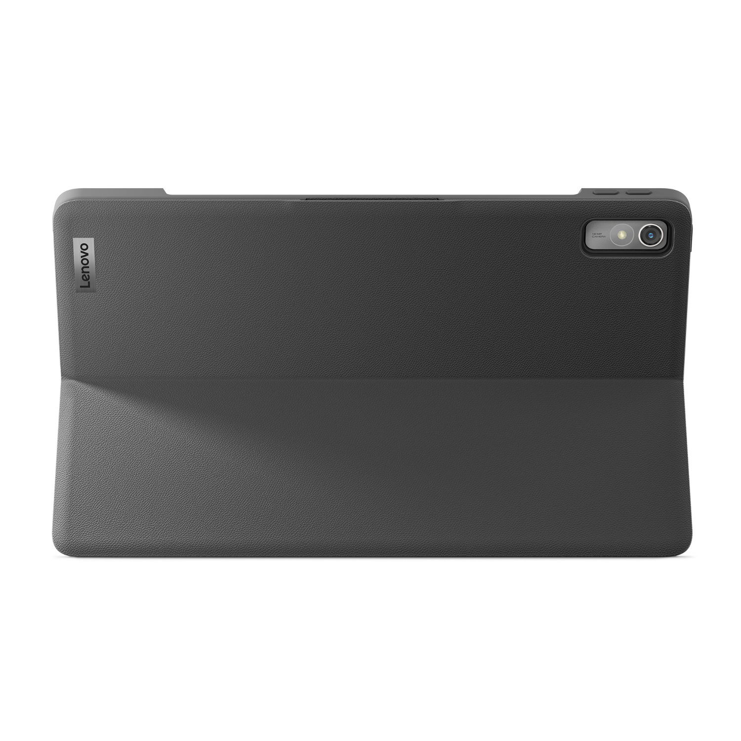 A closed, dark gray Lenovo tablet case showing the camera.