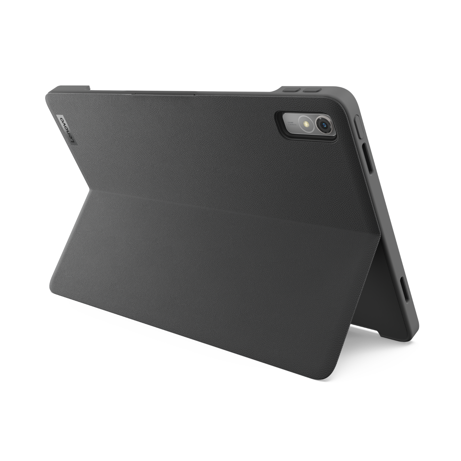 Tablet in a gray case. The case is open, the tablet is angled, showing its screen and camera.