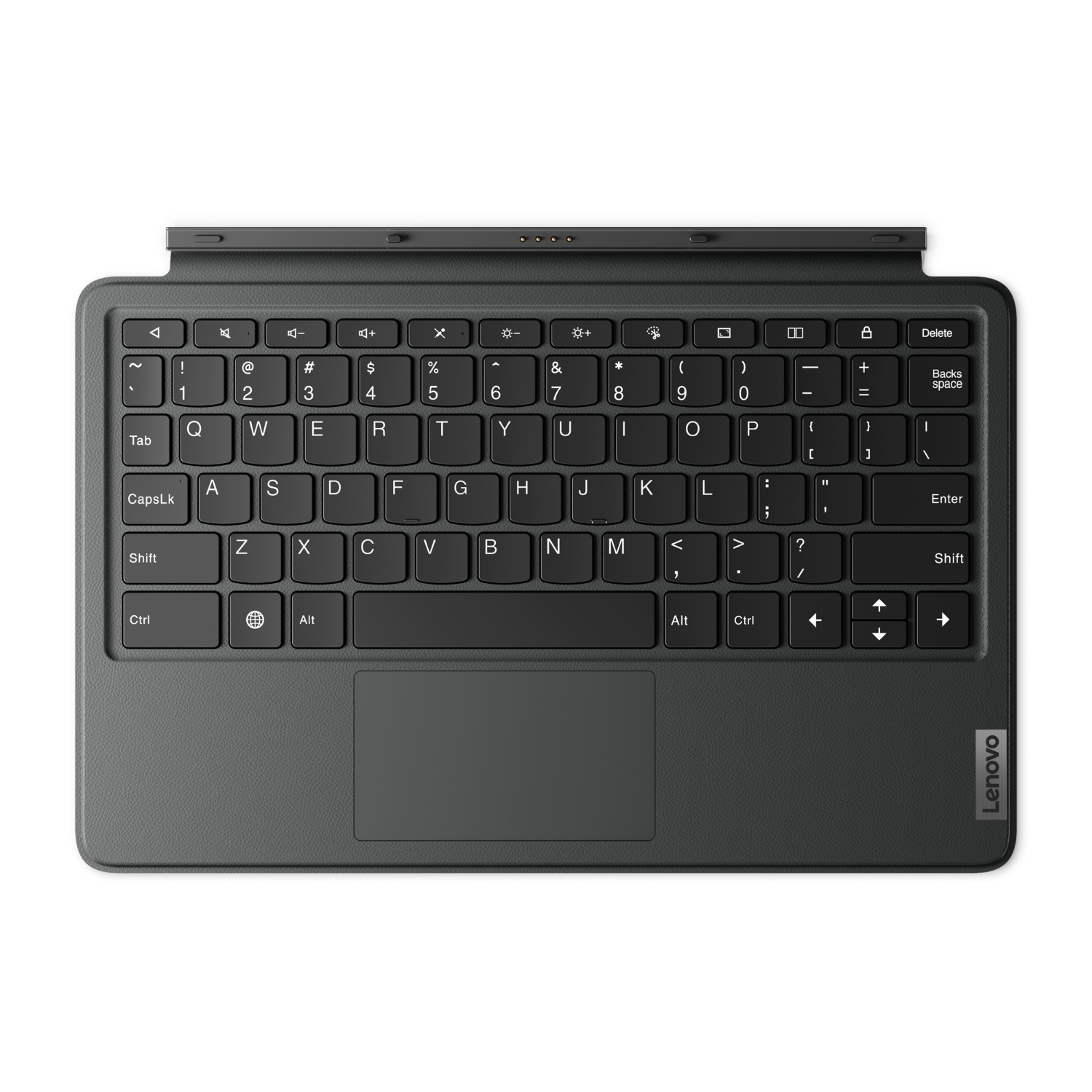 Black Lenovo keyboard with a touchpad. Includes a number pad and function keys, on a black background.
