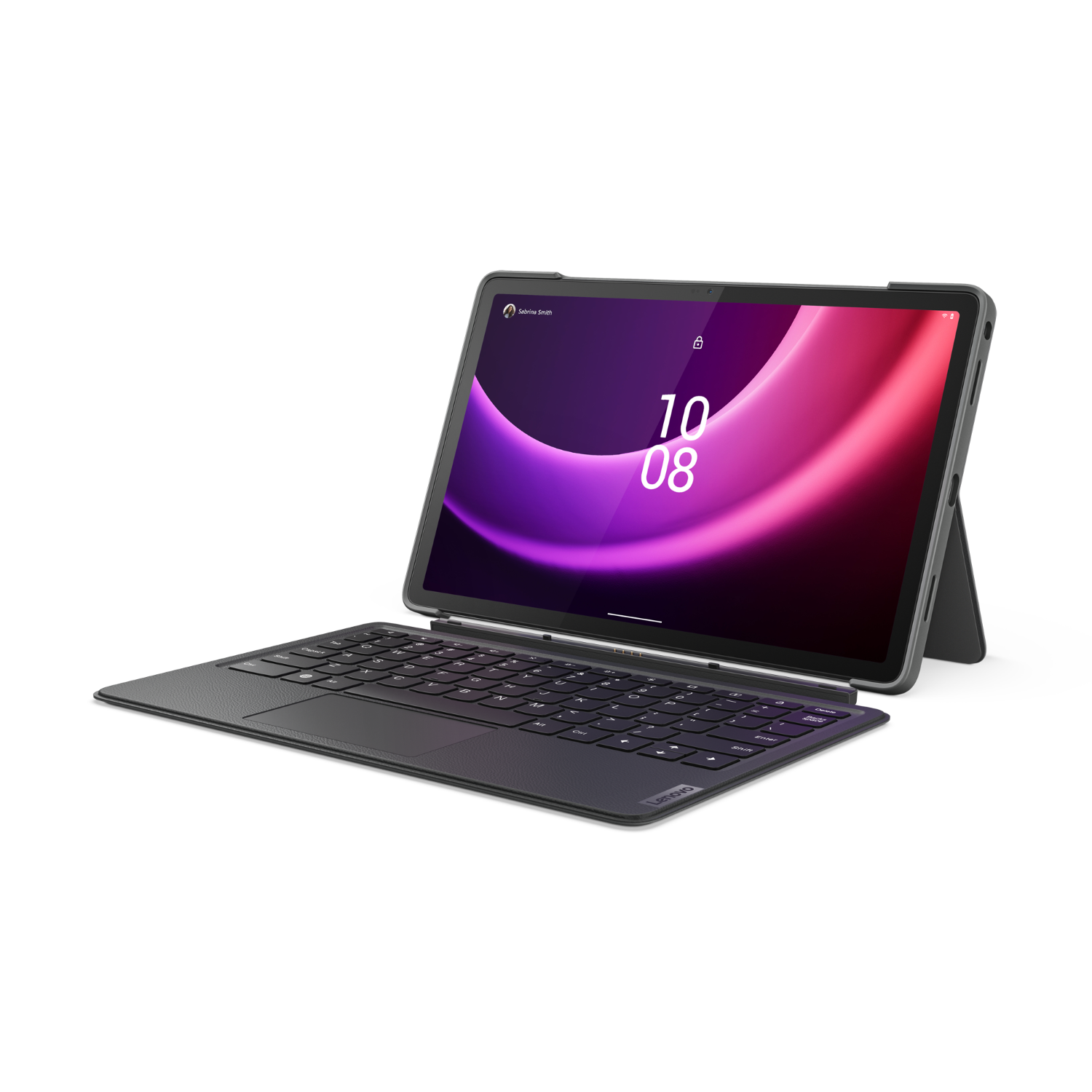 Black tablet with attached keyboard, screen displays a vibrant purple and pink gradient.