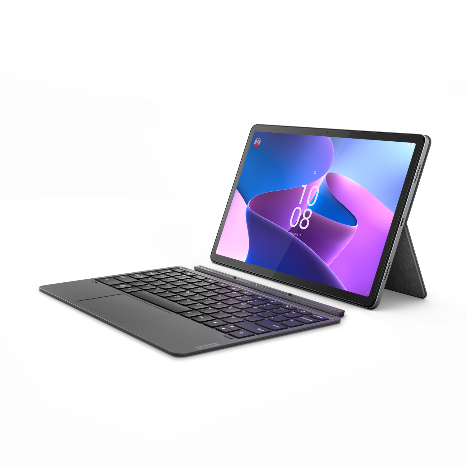 Lenovo tablet with a keyboard. Tablet screen shows a calendar for 10/08.