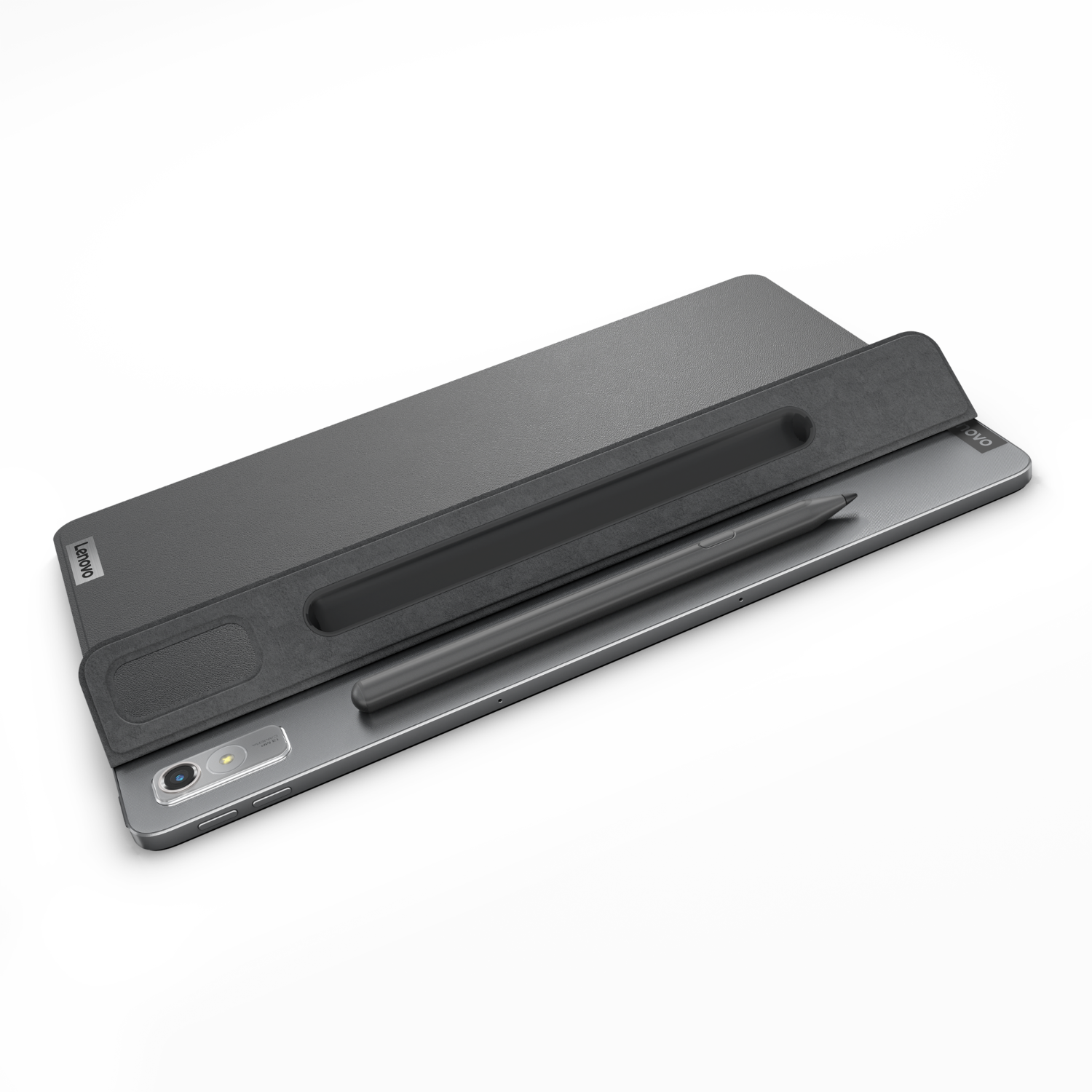 Tablet with stylus and case on a dark surface, Lenovo logo visible.