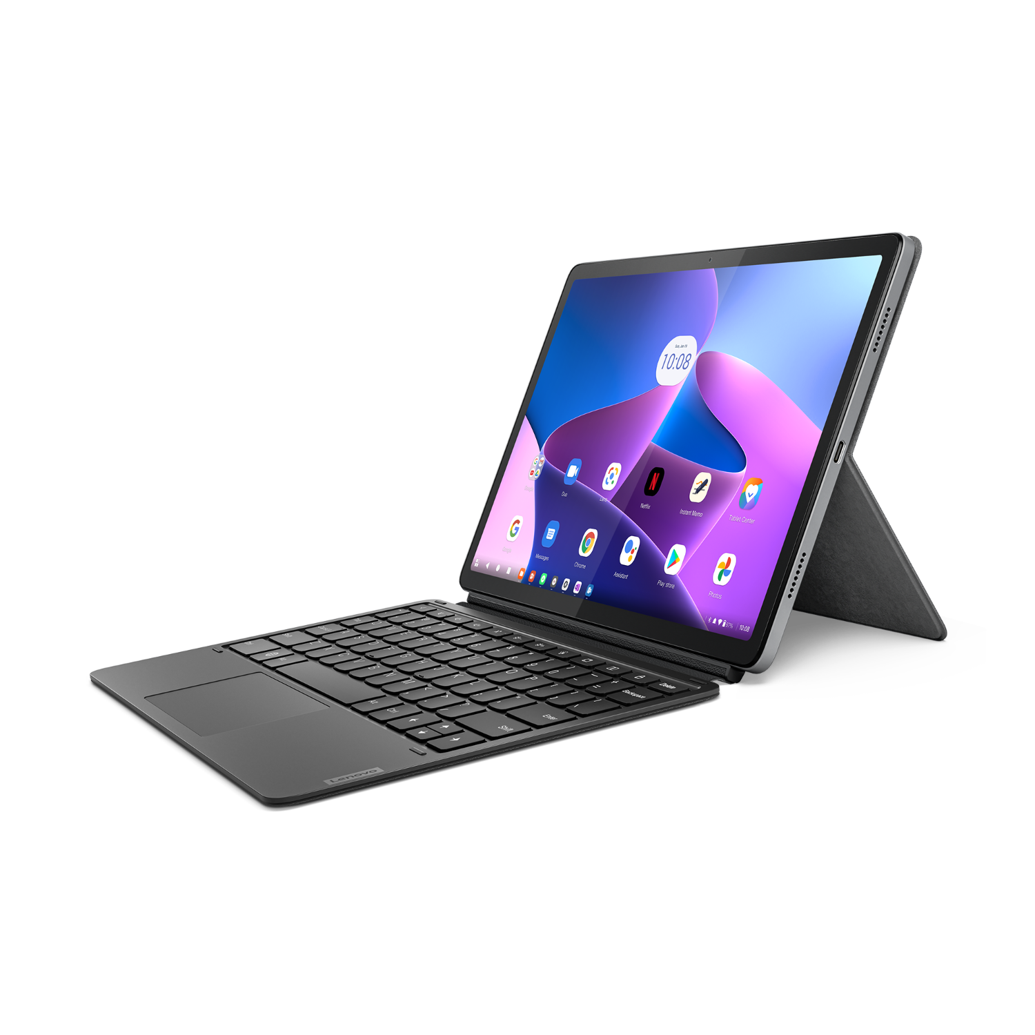 Tablet with keyboard attached, angled. Shows the screen and keyboard. Black background.