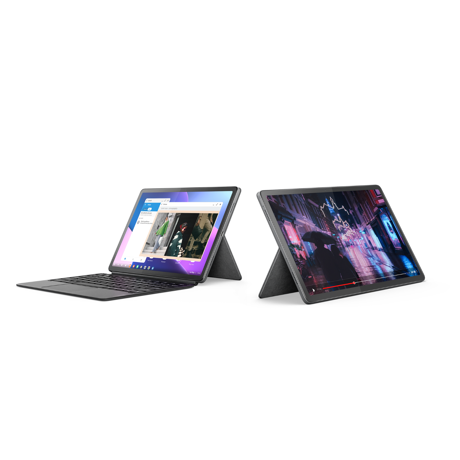 Two laptops with a black background. One is open with a keyboard, one is closed.