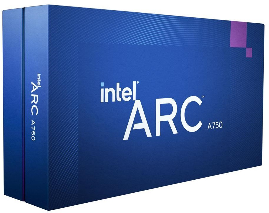 Mavi Intel ARC A750 grafik kartı kutusu, ön yüzünde beyaz metin, mavi ve mor vurgular.