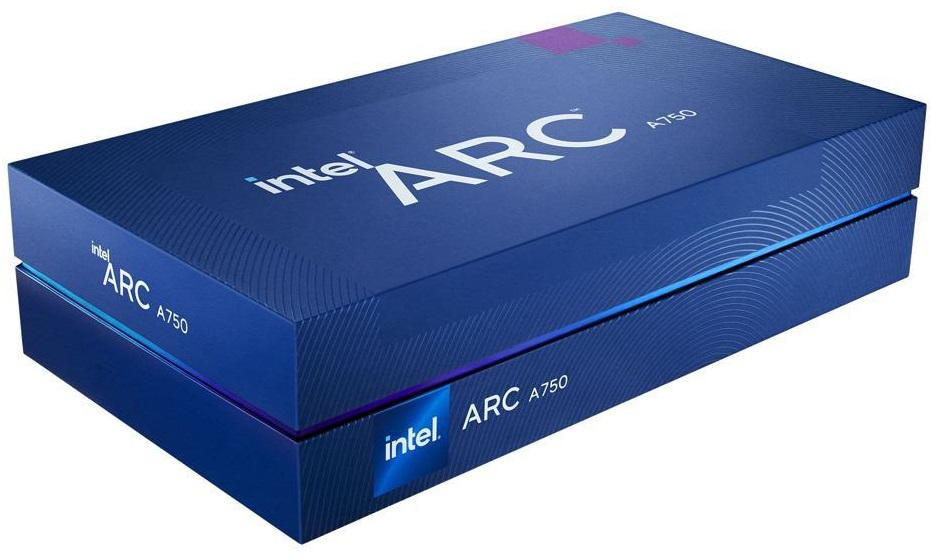 Mavi Intel ARC A750 grafik kartı kutusu, Intel ARC ve A750 logosunu gösteriyor.