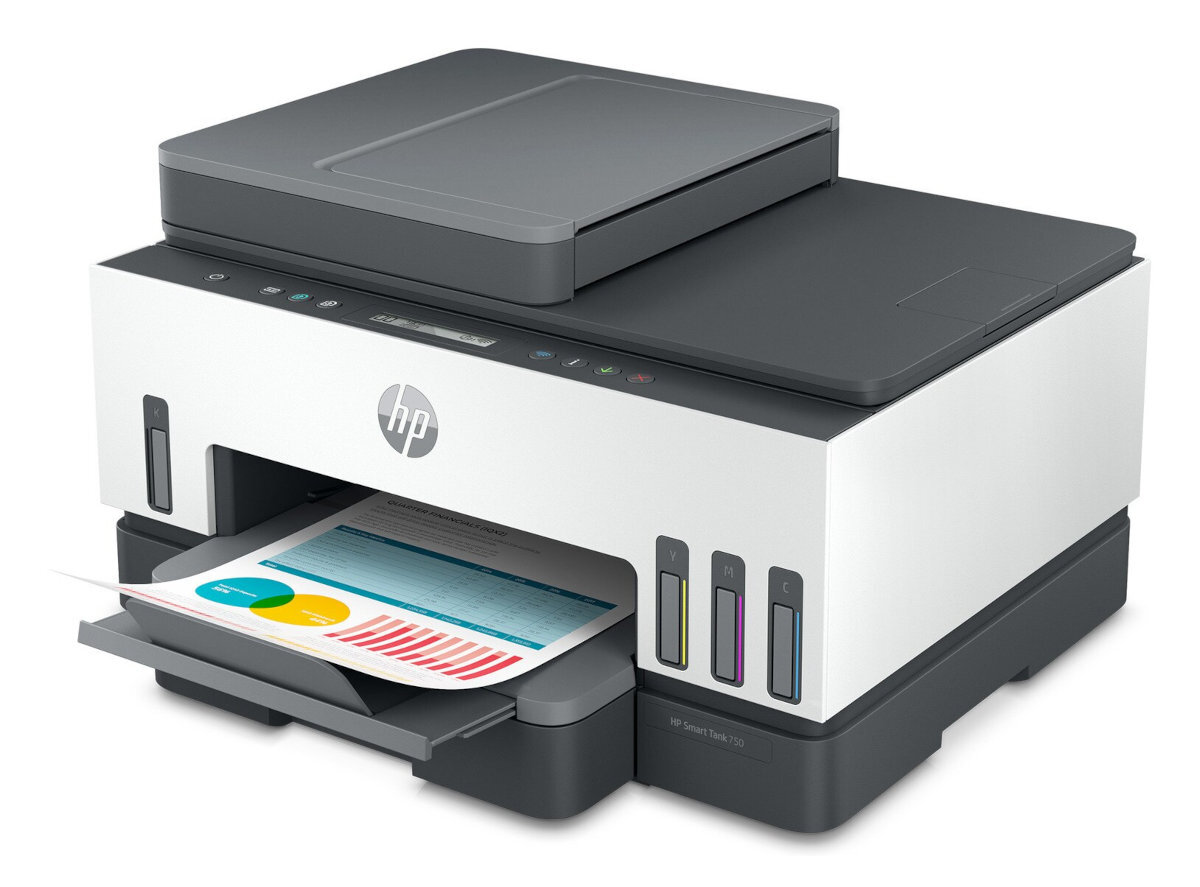 Drukarka HP z drukowanym dokumentem. Kolory biały i ciemnoszary. Widoczne wkłady atramentowe.