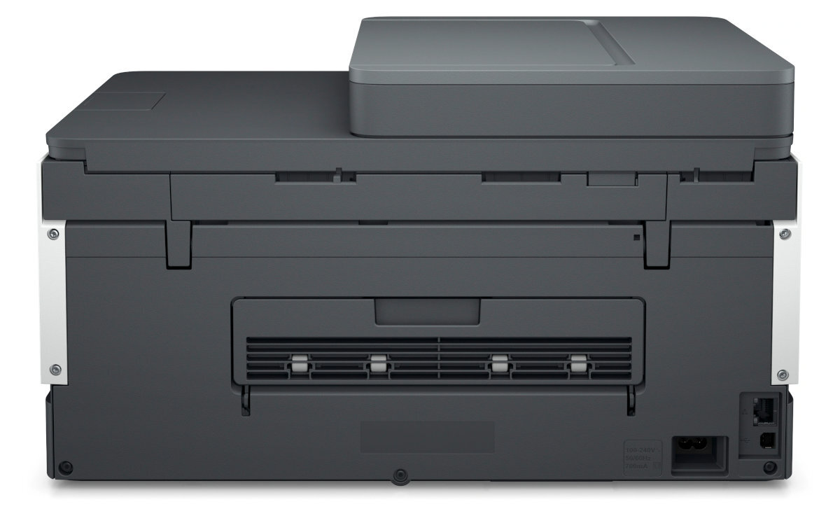 Tył drukarki z kilkoma portami i wtyczką zasilania. Jej schemat kolorów to szary i czarny.