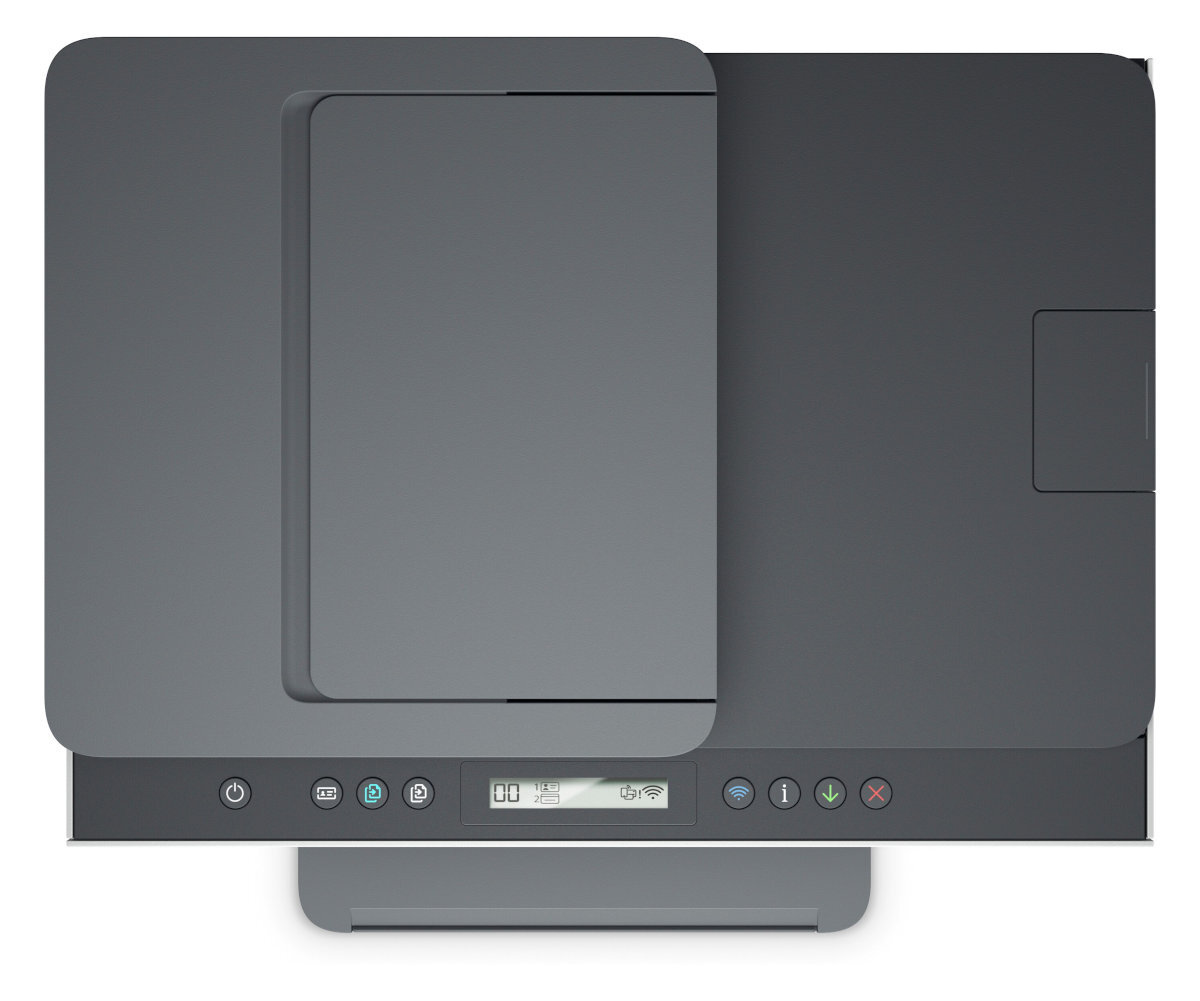 Widok z góry na szarą i czarną drukarkę z panelem sterowania i otwartą pokrywą skanera.