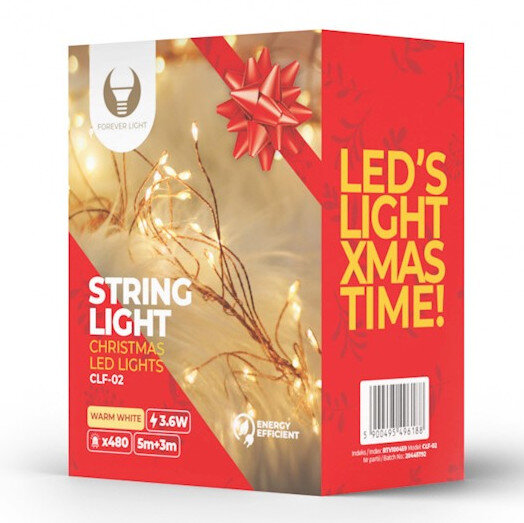 Pudełko z oświetleniem sznurkowym i tekstem.