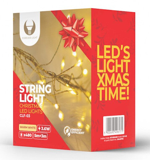 Czerwono-złote pudełko lampek choinkowych Forever Light z kokardą na górze.