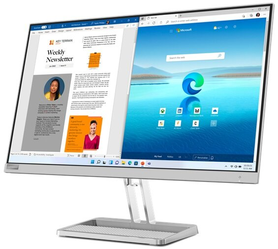 Monitor komputera wyświetlający dwa okna. Jedno z tekstem, drugie z przeglądarką.