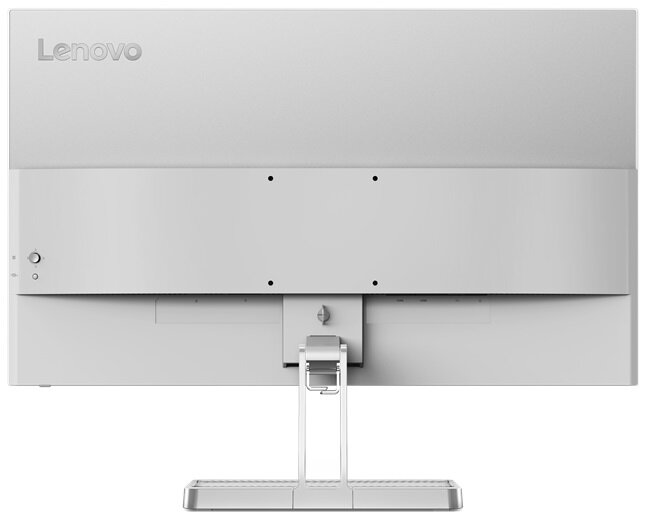 Tył białego monitora z logo Lenovo i podstawą na białym tle.