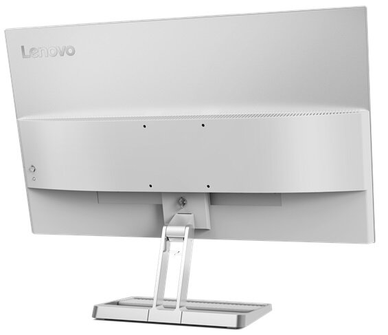 Tył białego monitora Lenovo pokazujący porty i podstawkę.