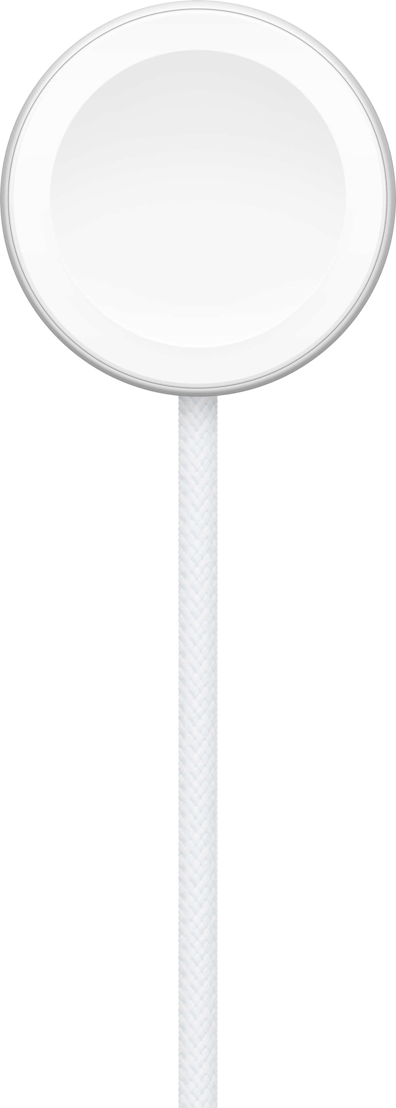 Caricabatterie Apple Watch bianco. Il cavo è bianco e intrecciato, a un disco bianco.