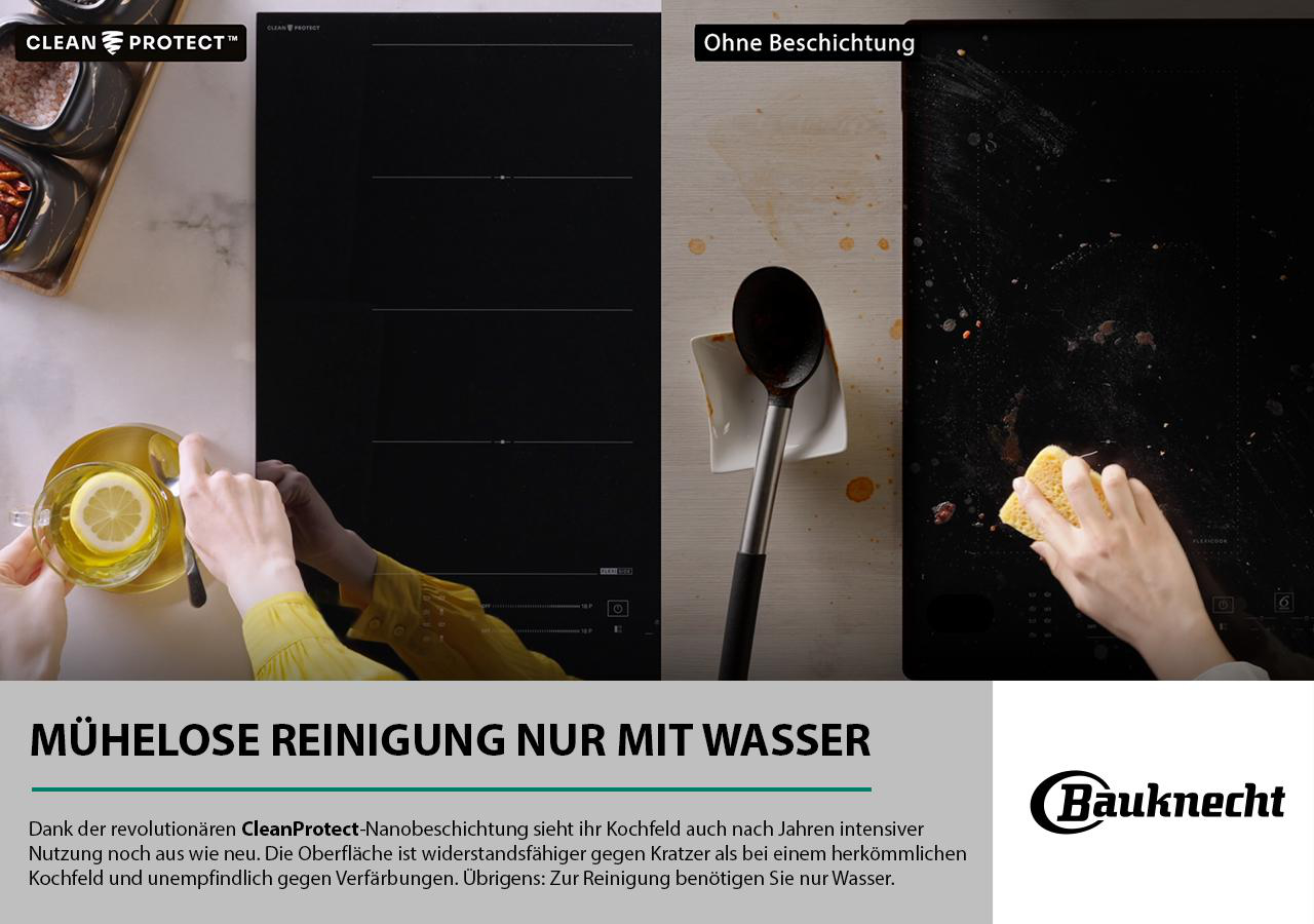 Zwei Bilder. Eins zeigt Herd mit Hand, das andere mit Schwamm.