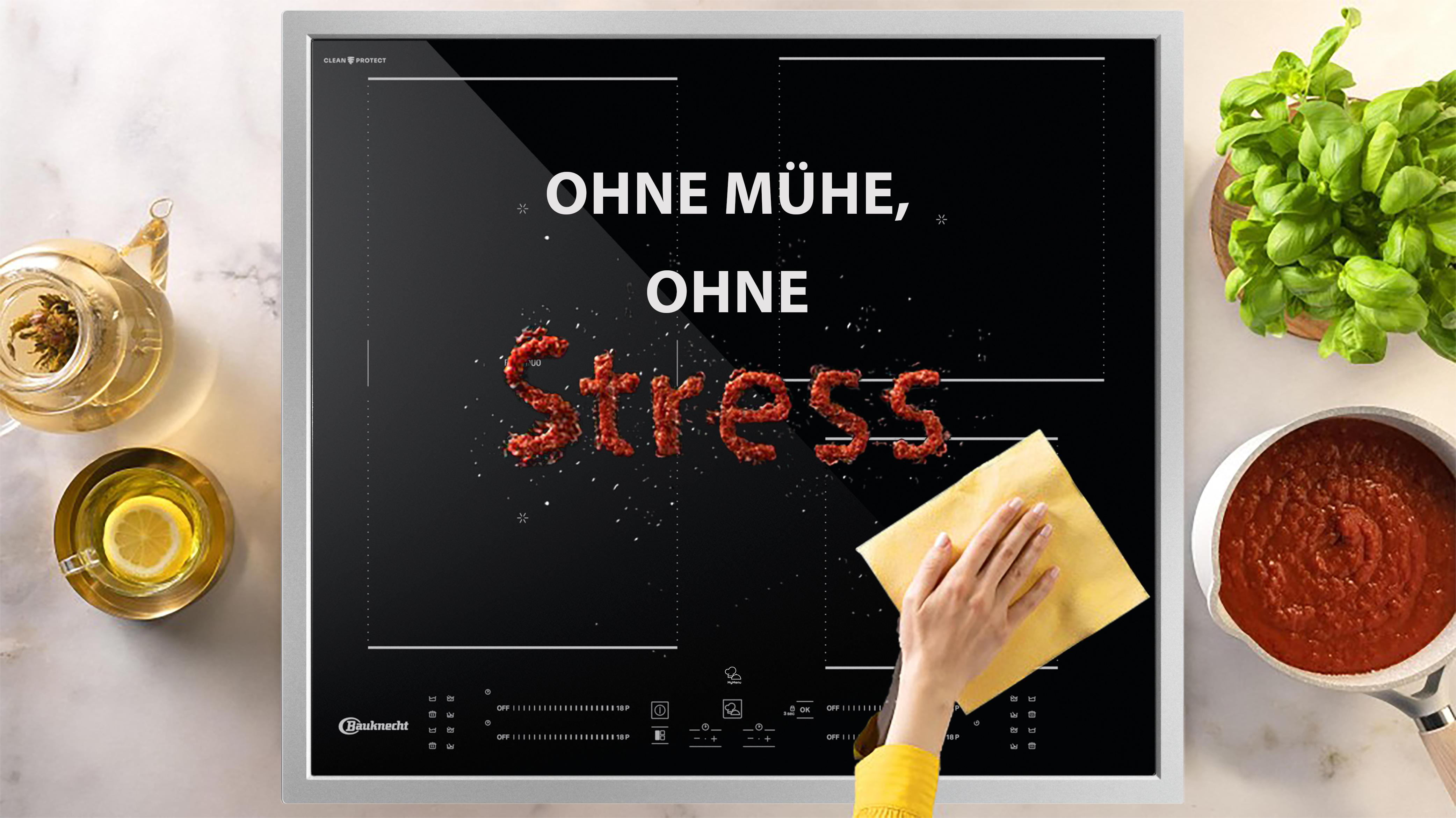 Eine Küchenszene mit einem schwarzen Induktionskochfeld. Text auf dem Kochfeld: 'Ohne Mühe, Ohne Stress'.