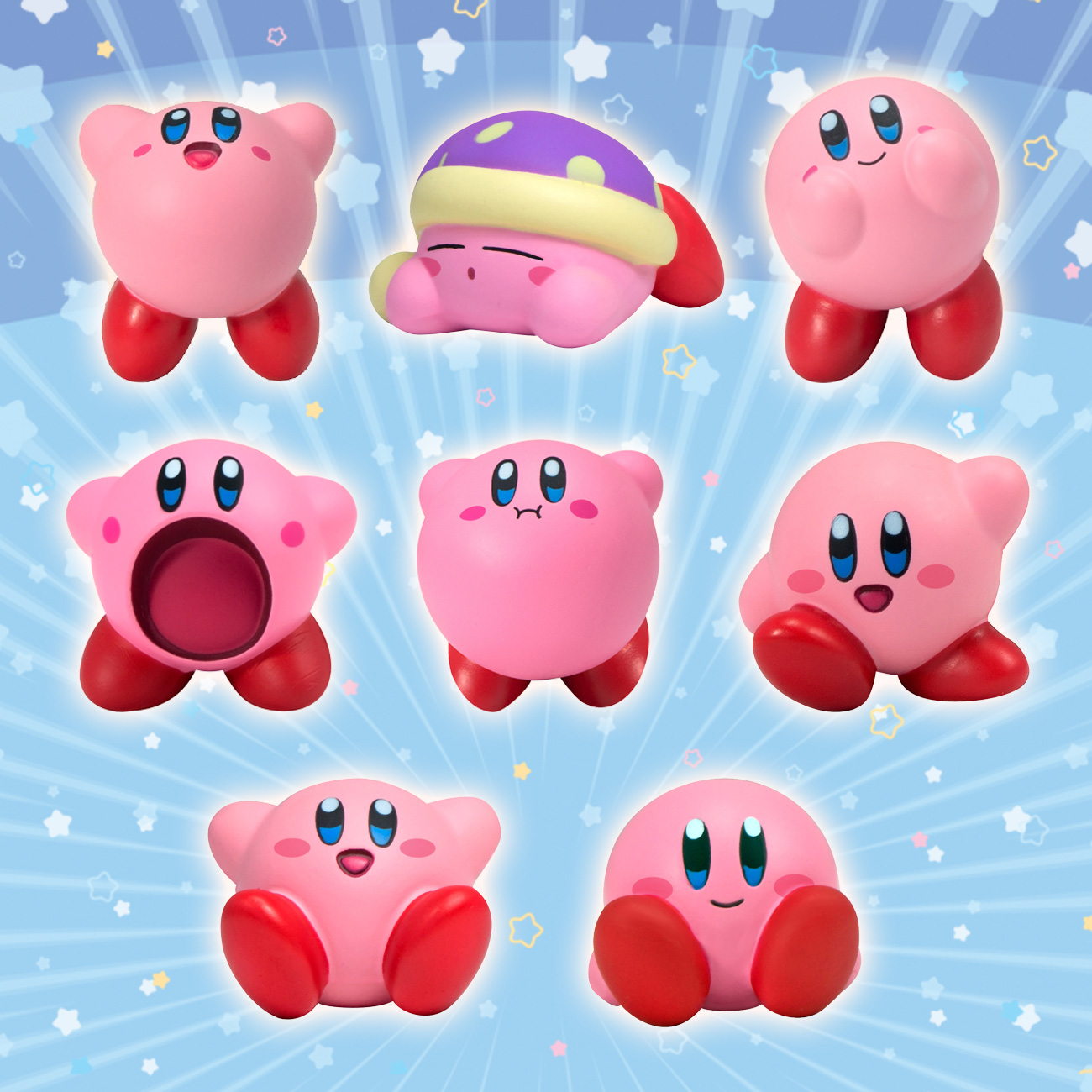 Sieben pinke Kirby-Figuren in verschiedenen Posen. Auf hellblauem Hintergrund.