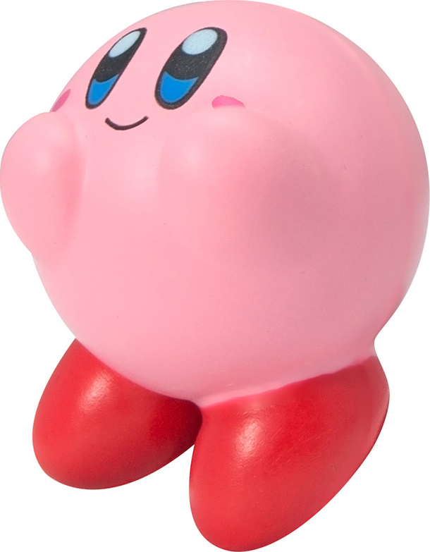 Rosa, runde Kirby-Figur mit blauen Augen und roten Füßen, die in die Kamera lächelt.