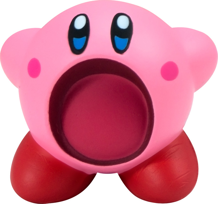 Kirby-Spielzeug mit großem offenem Mund, roten Füßen und rosa Körper. Es ist eine Zeichentrickfigur.