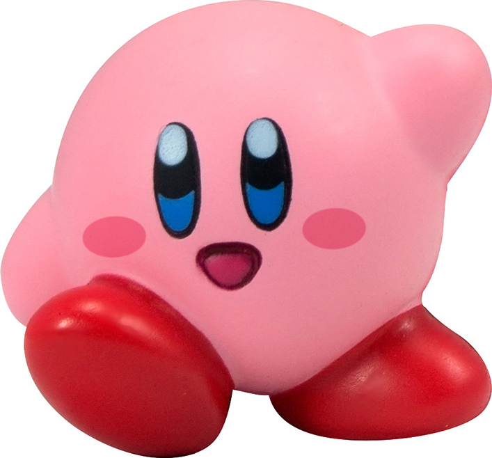 Pinke Kirby-Figur mit großen blauen Augen und roten Füßen.