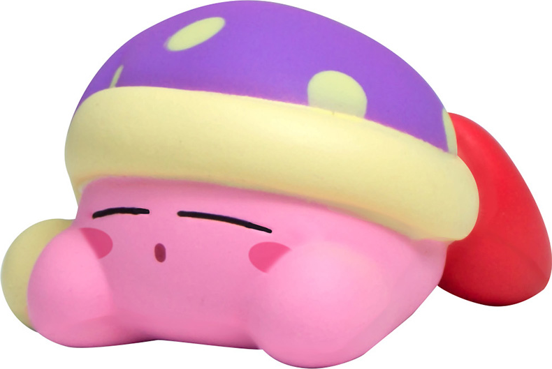 Ein schlafender Kirby-Charakter in einem lila Hut mit gelben Punkten und roten Schuhen.