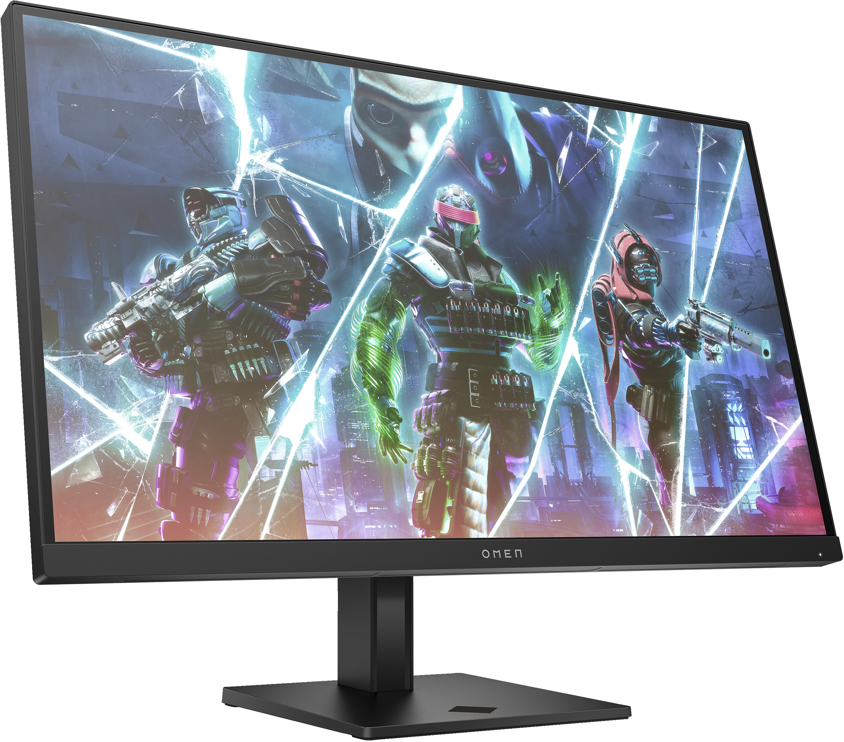 Ein Gaming-Monitor, der eine Szene mit drei futuristischen Soldaten zeigt.