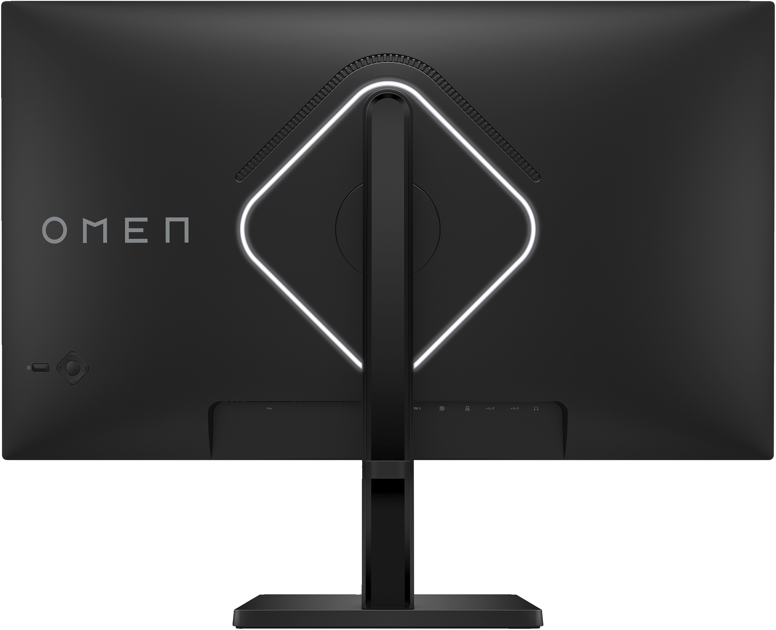 Rückseite eines schwarzen OMEN-Monitors mit Anschlüssen und einem markanten weißen Lichtdesign.