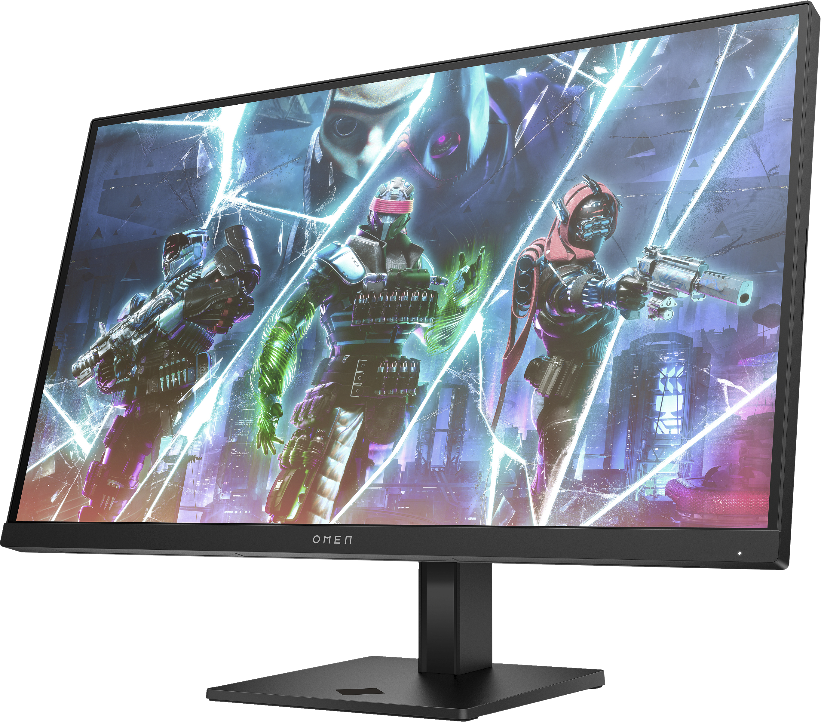 Gaming-Monitor, der eine futuristische Szene mit drei Figuren mit Waffen zeigt.