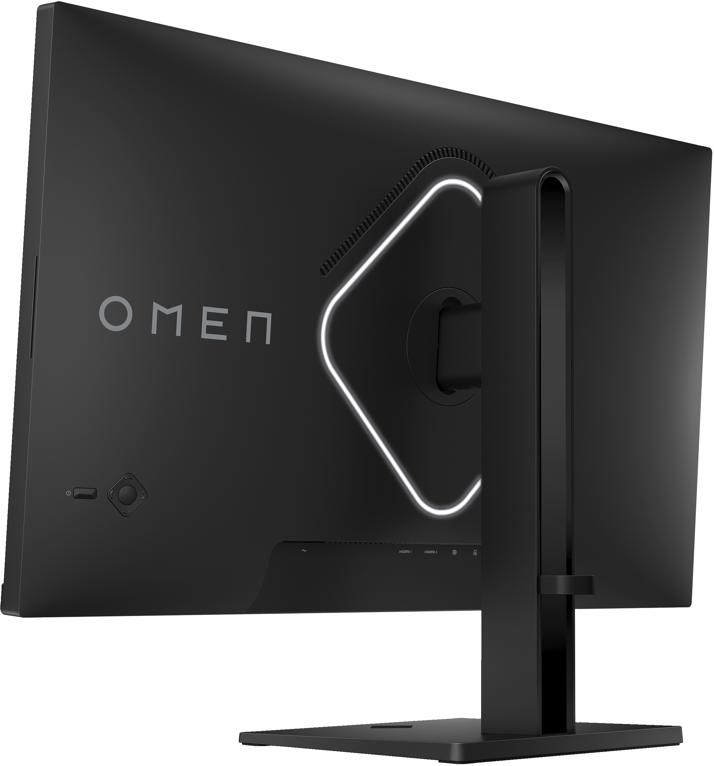 Schwarzer OMEN-Monitor hinten. Ständer und weißes Lichtdetail auf der Rückseite. OMEN-Logo sichtbar.