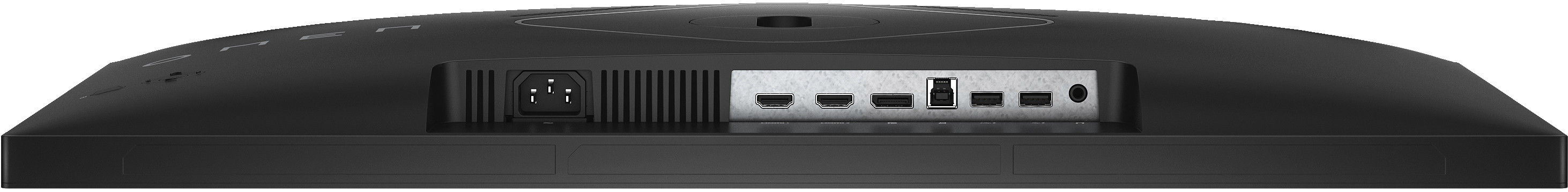 Rückseite eines schwarzen Computermonitors mit Anschlüssen für Strom, HDMI, USB und Audio.