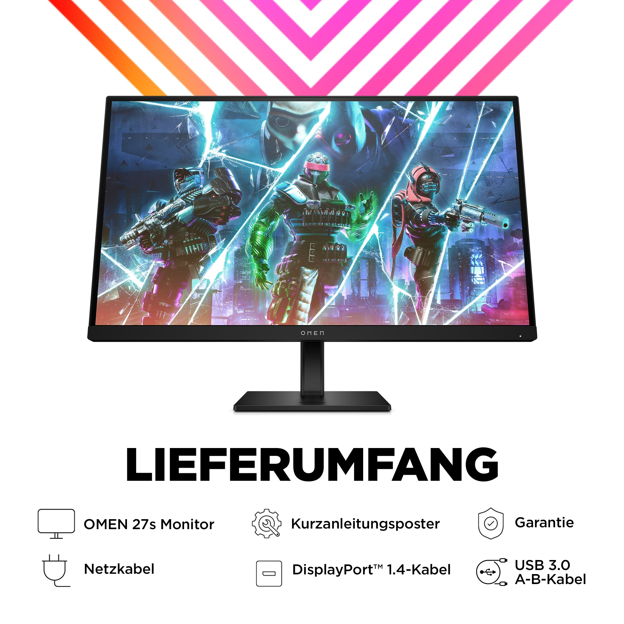 OMEN 27s Monitor mit Zubehör: Kabel, Netzkabel und eine Schnellstartanleitung auf weißem Hintergrund.