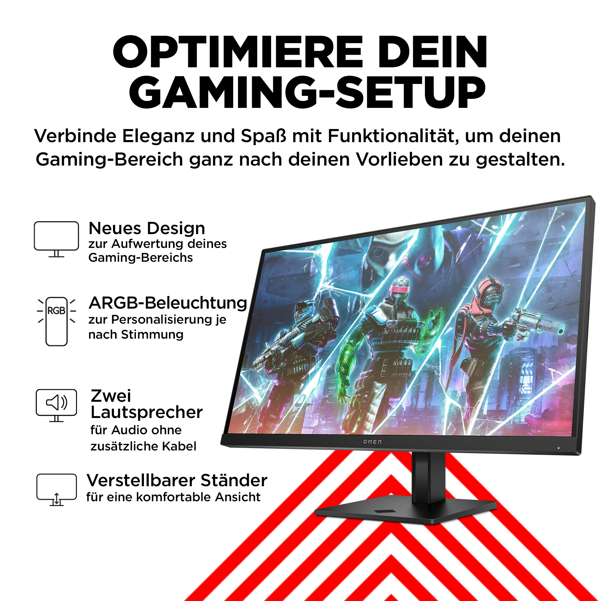 Bild eines eingerichteten OMEN-Monitors, das eine Gaming-Szene zeigt, mit Text über das Setup.