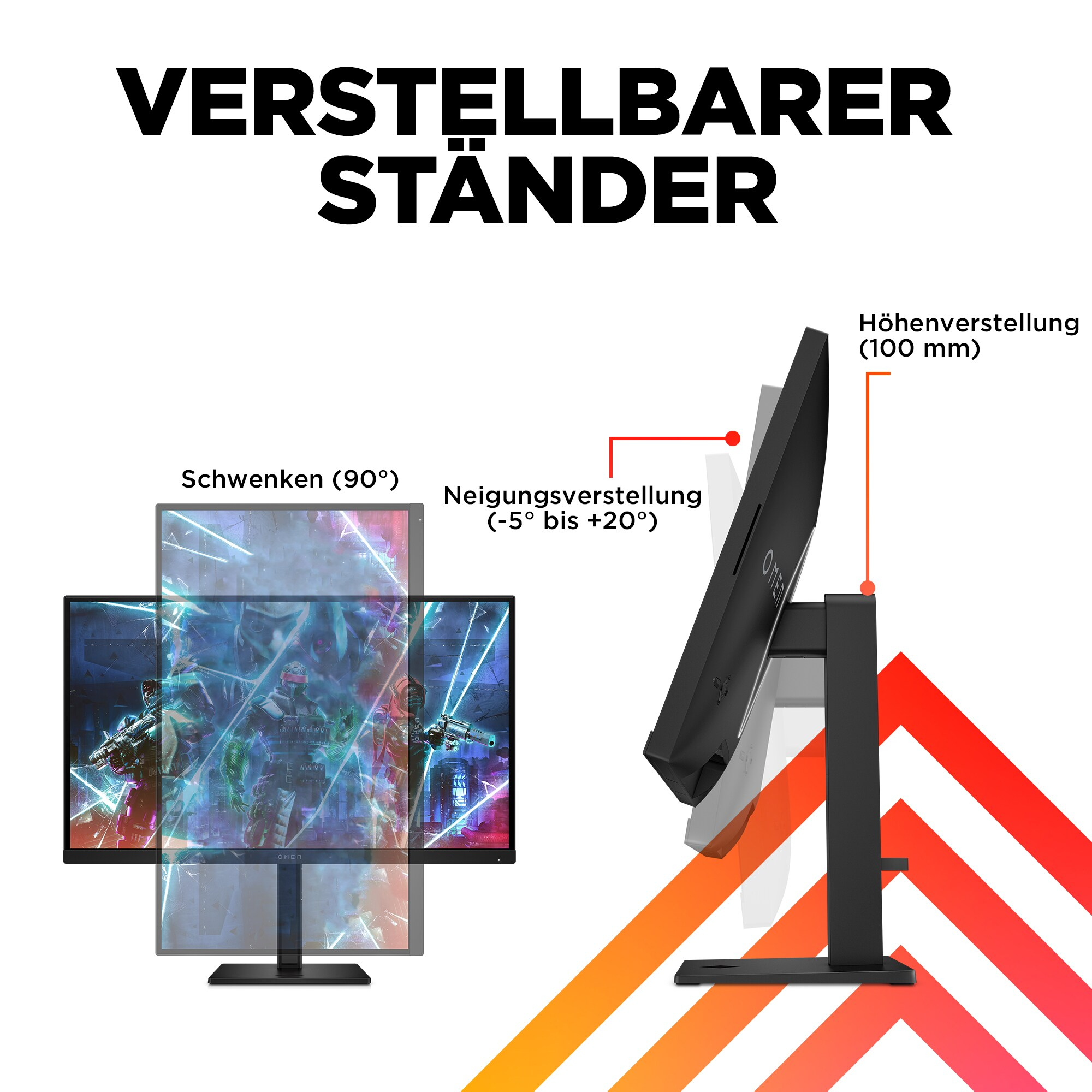 Verstellbarer Monitorständer. Zeigt Schwenk-, Neigungs- und Höhenverstellmöglichkeiten.