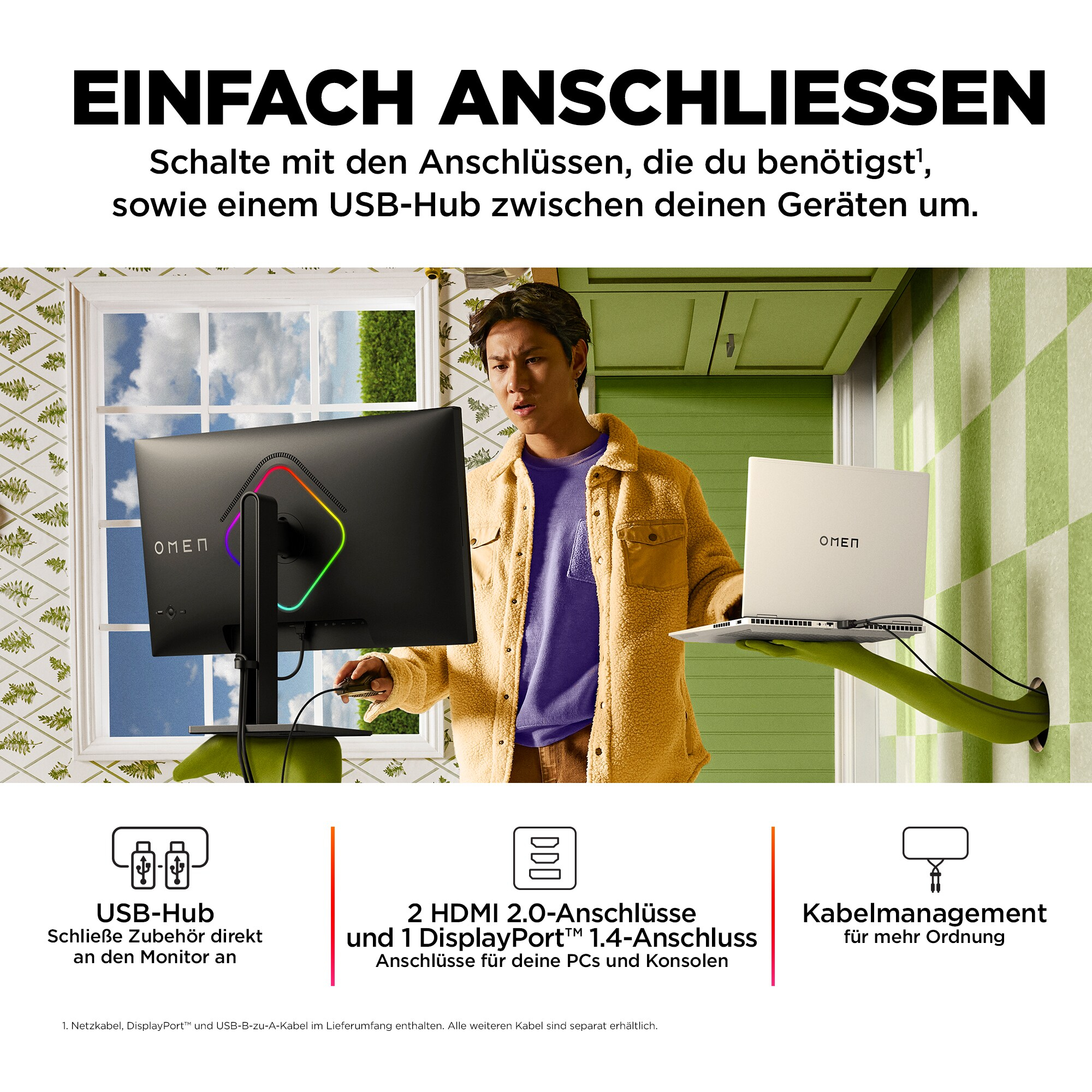 Mann benutzt Monitor, Laptop angeschlossen, und Icons unten.