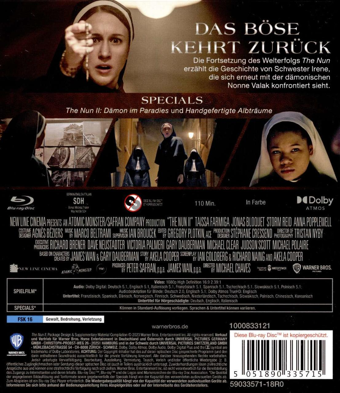 The Nun 2 Filmcover: Eine Nonne zeigt, mit Text in mehreren Sprachen. Ein Blu-ray Disc Logo ist sichtbar.
