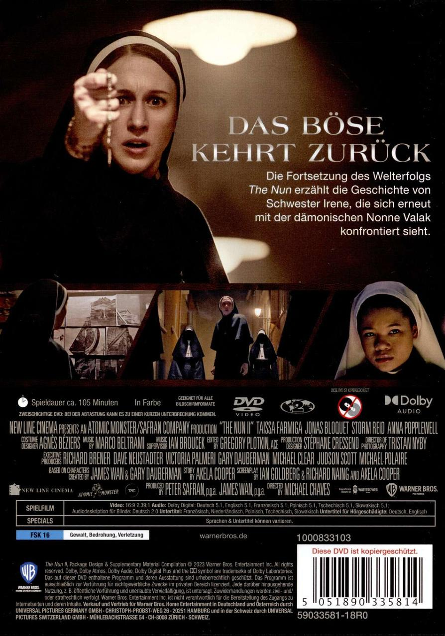 Das Nonnen 2 Filmcover: eine Nonne hält ein Kreuz, eine dunkle Szene.