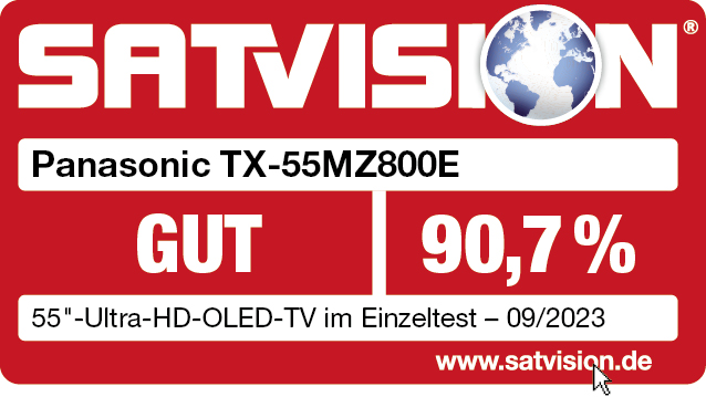 Rotes und weißes Banner mit Text 'GUT', 90,7% und 'SATVISION' Logo.