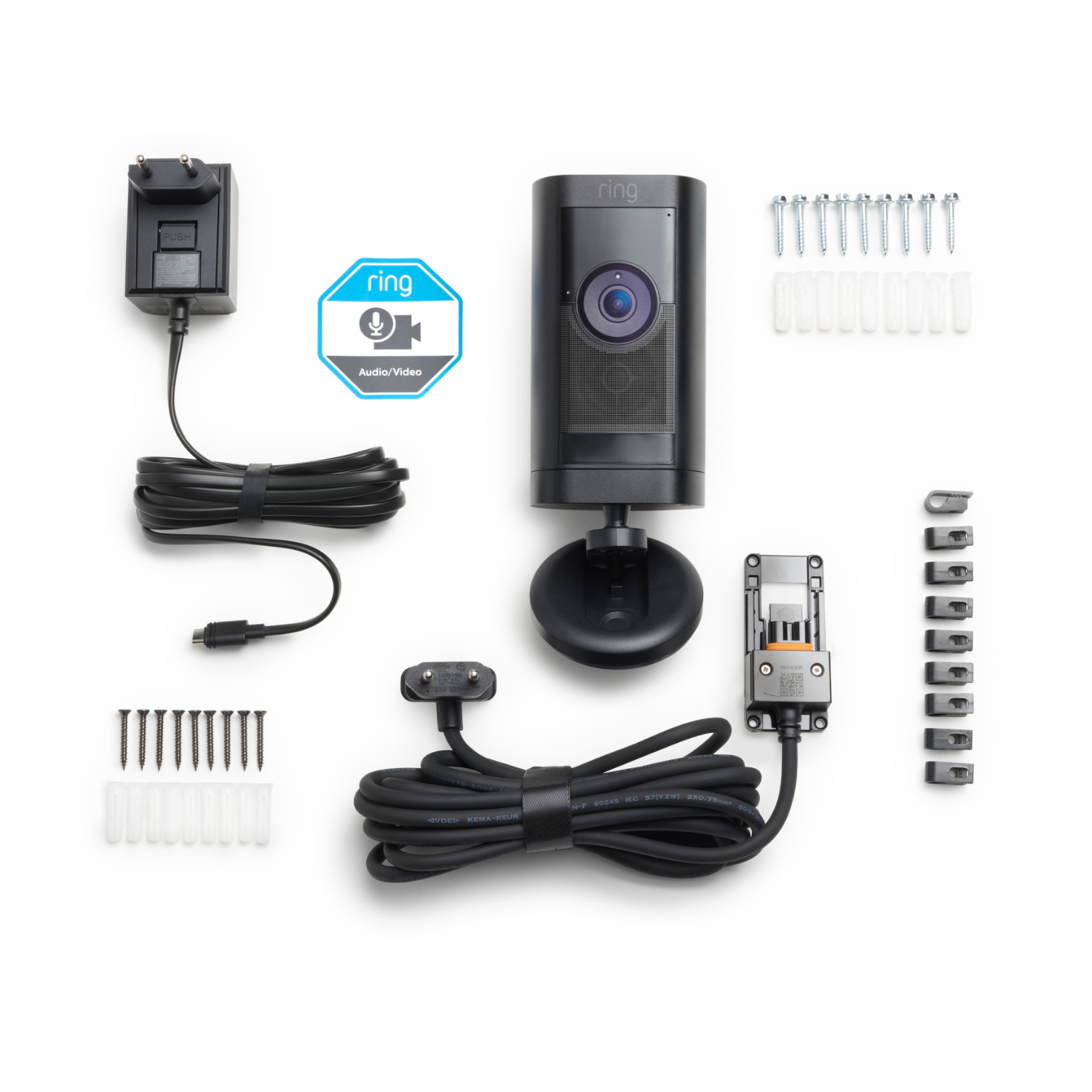 Ring security camera set with accessories: power adapter, mounting hardware, and cable.