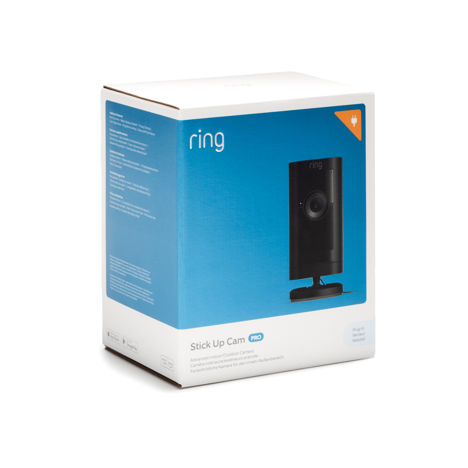 Ring Stick Up Cam Pro box, with a black camera on the front.