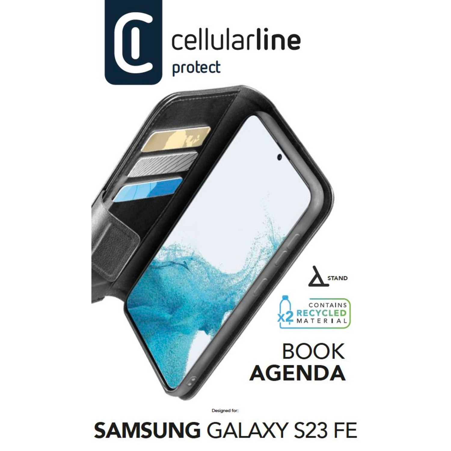 Coque de téléphone noire avec un téléphone à l'intérieur, montrant des cartes dans les fentes. Le couvercle est ouvert.