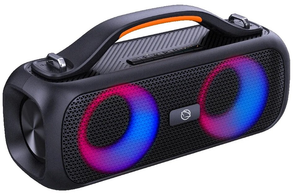 Czarny głośnik z uchwytem, z świecącymi czerwonymi i niebieskimi światłami wokół osłon głośników.