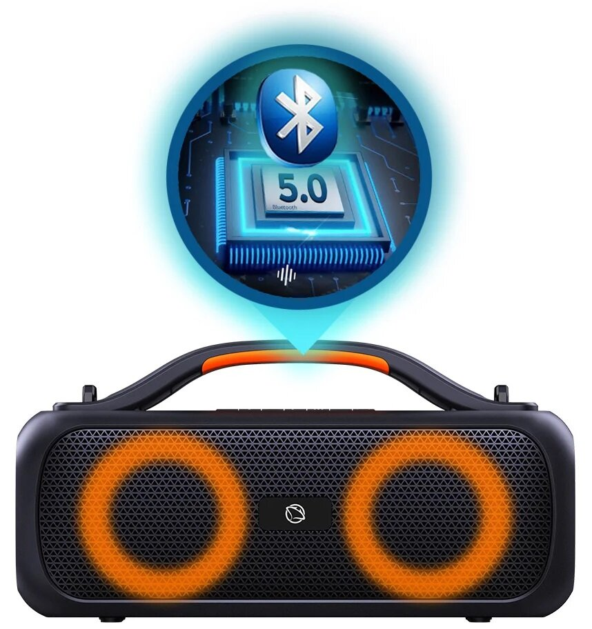 Czarny i pomarańczowy głośnik z pomarańczowymi pierścieniami świetlnymi i grafiką Bluetooth 5.0.