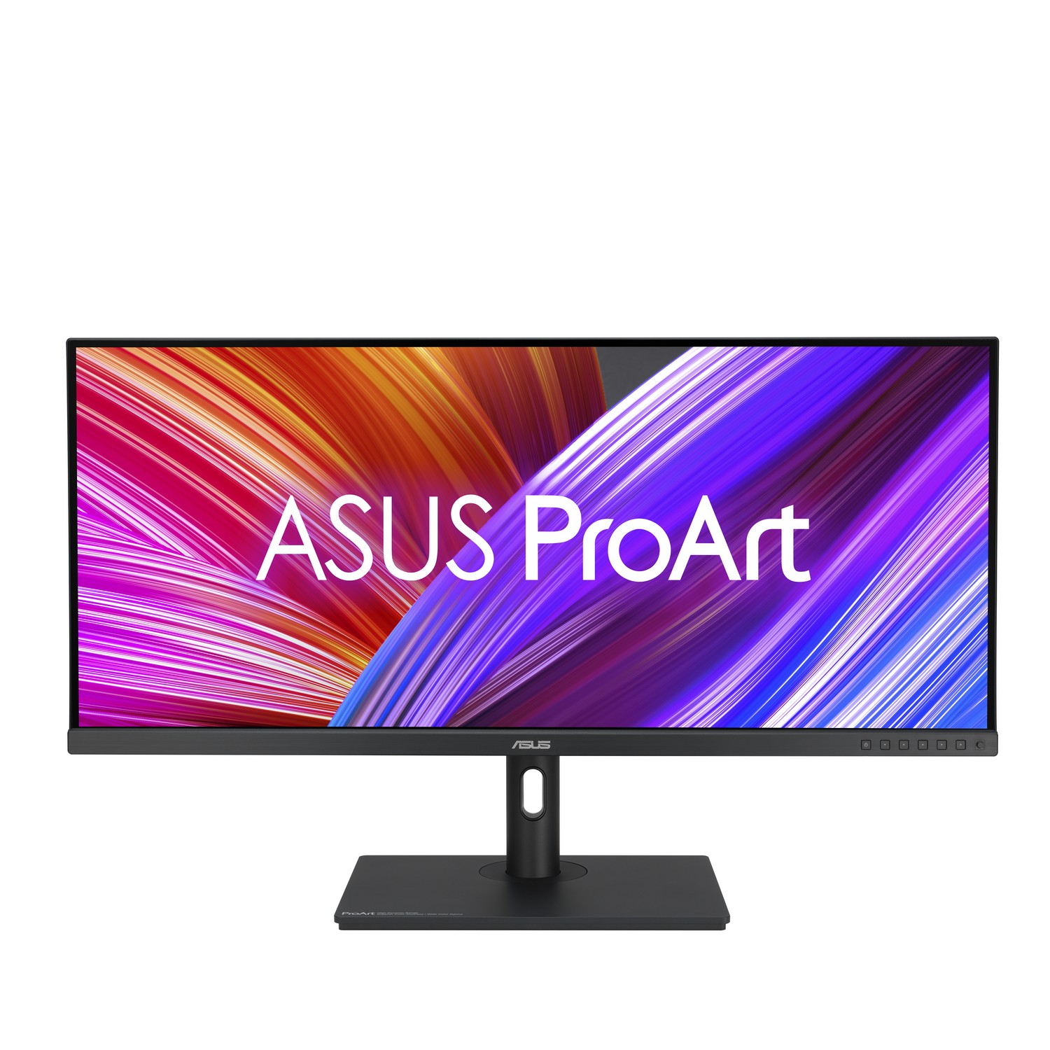 A black monitor with the text 'ASUS ProArt' on the screen. The screen displays color patterns.