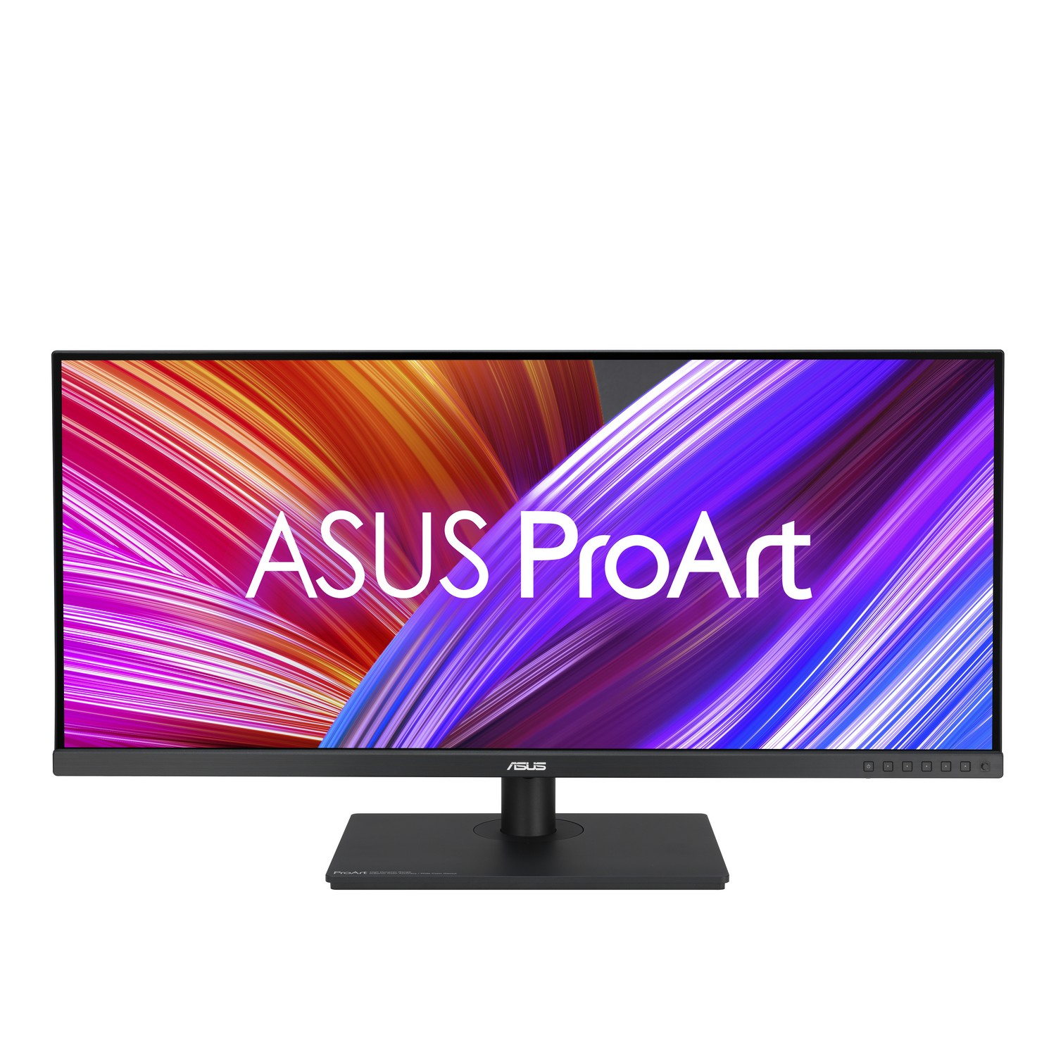 An ASUS ProArt monitor displays a colorful abstract background with the brand's name in white.