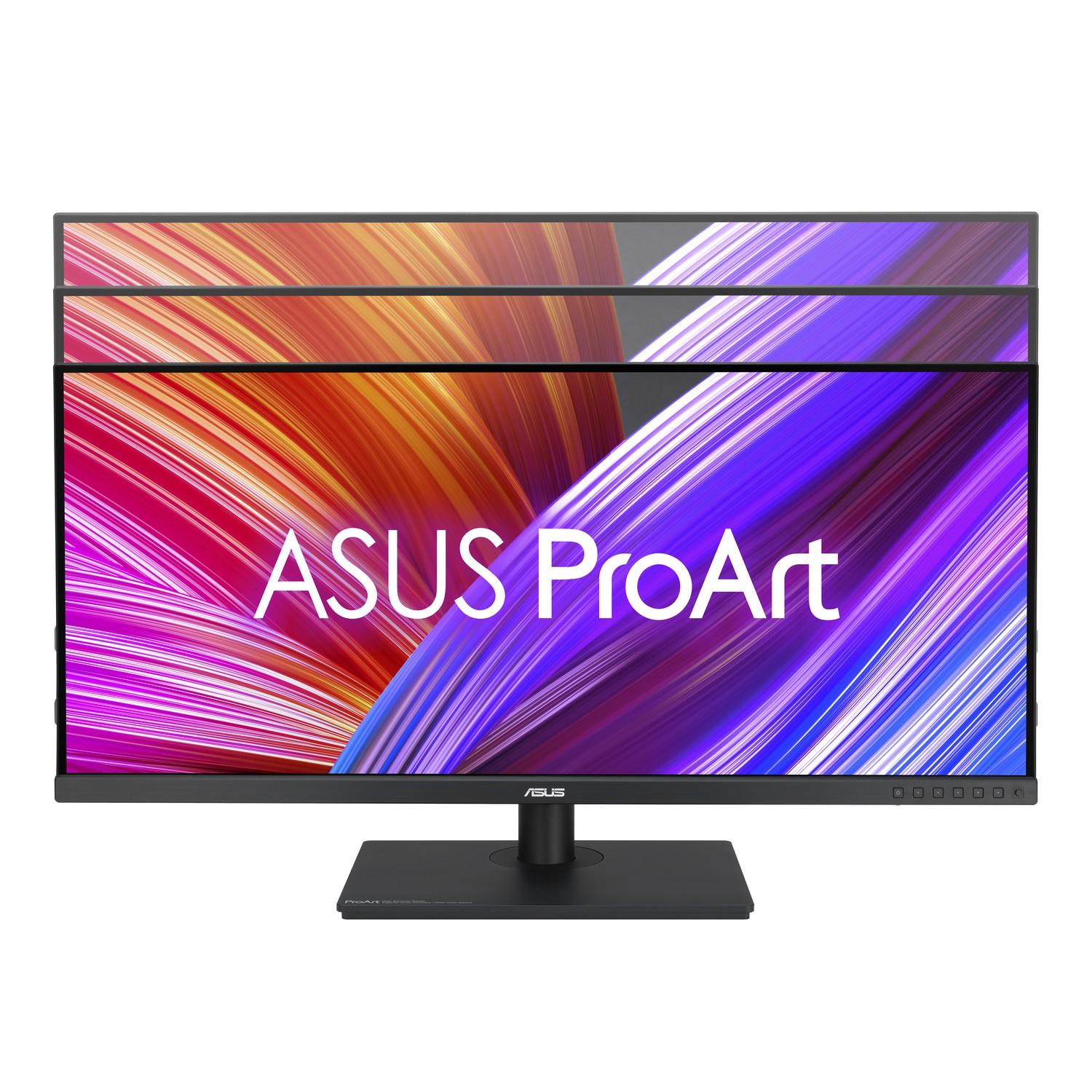 Computer monitor with three screens displaying colorful graphics and the ASUS ProArt logo.