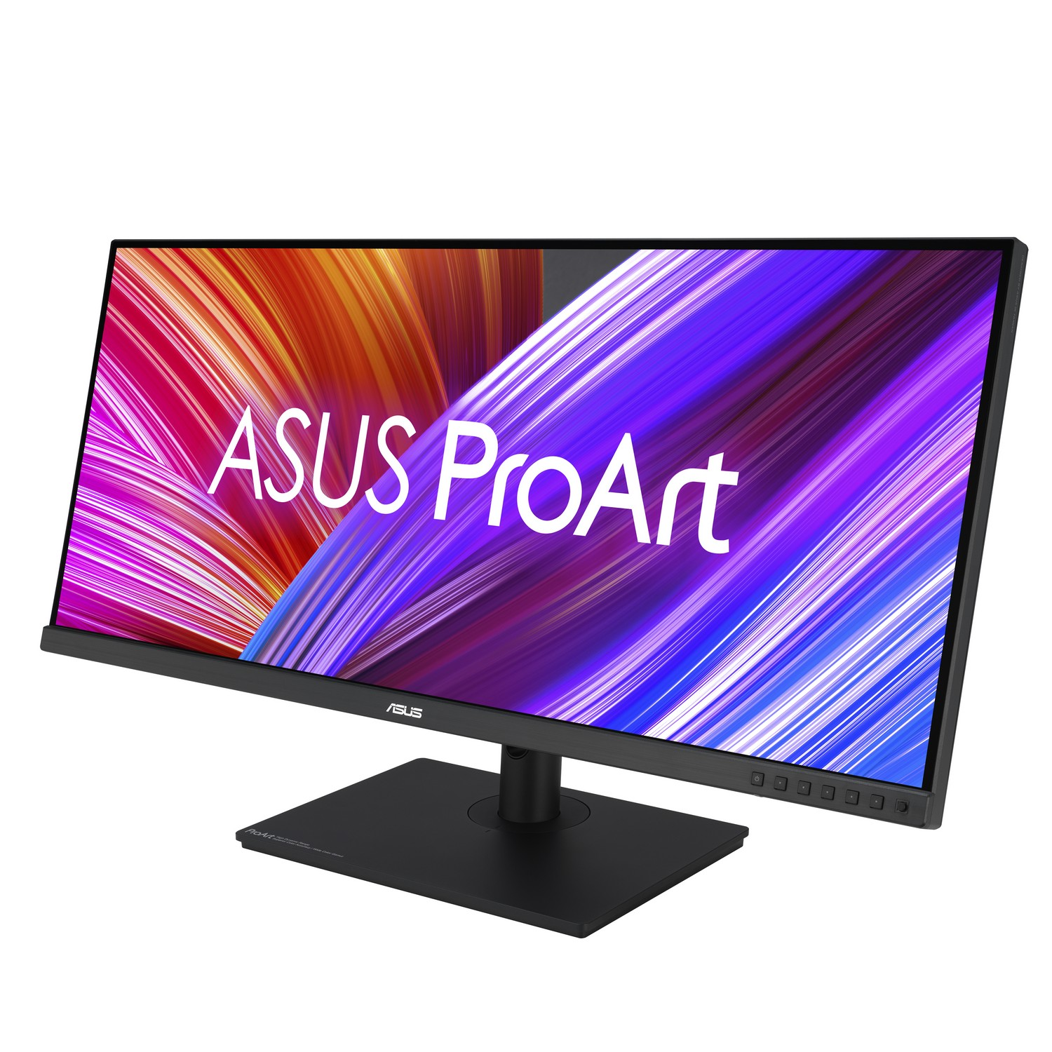 An ASUS ProArt monitor with a colorful screen, angled and on a black stand.